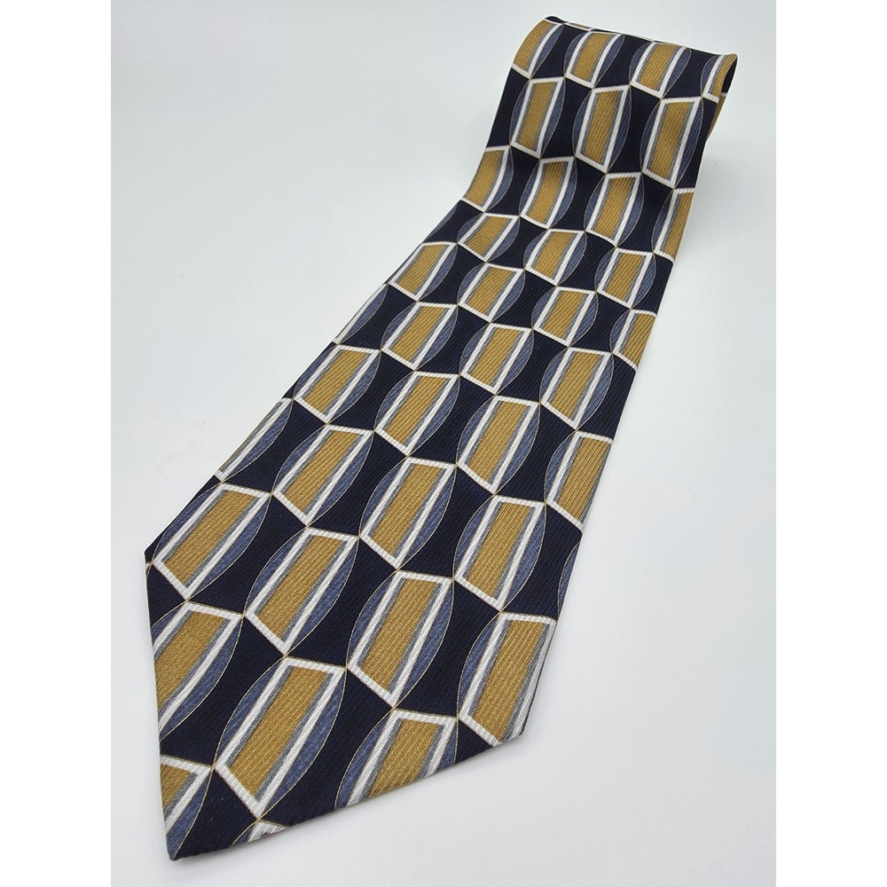 Zanzara Men's 100% Silk Gold Blue White Geometric Tie 59" x 3.5" NWOT